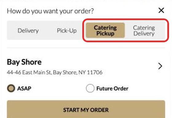 Screenshot of the Tap Room ordering site asking 'How do you want your order?' with Catering Pickup and Catering Delivery circled in red